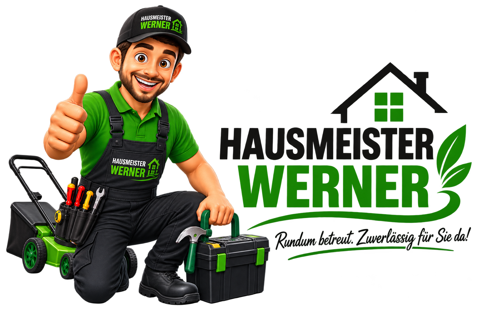 Hausmeister Werner – Hausmeister mit Werkzeug und Rasenmäher